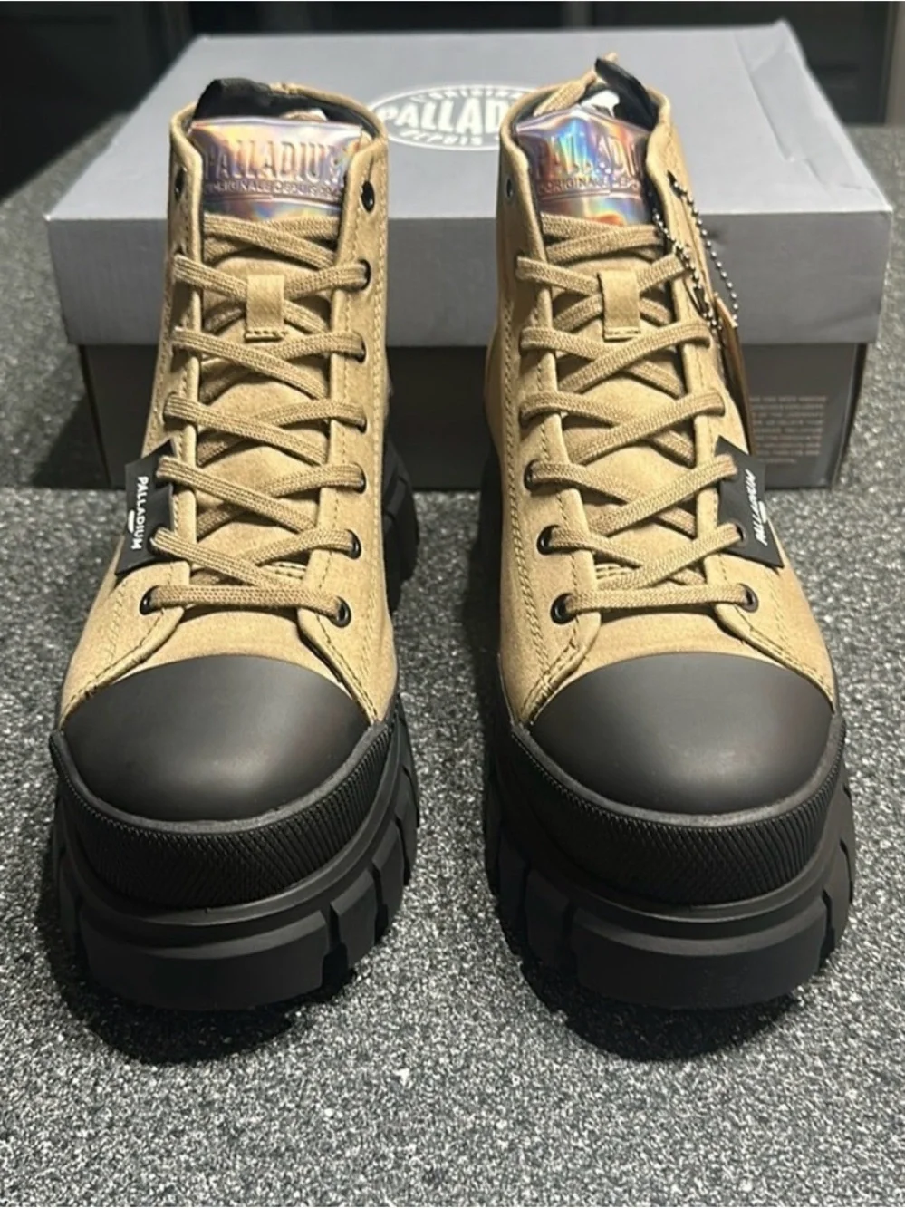 Palladium Tan Canvas Lug-Sole High Top Boots with Black Accents
